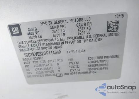 2016 Chevrolet Silverado 2500Hd Lt z USA, uszkodzony, nr VIN 1GC1KVE82GF114048